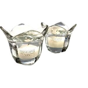 Vintage 1990s Toscany Flower Tulip Candle Holder Lead Crystal Votive Pair 3 Inch